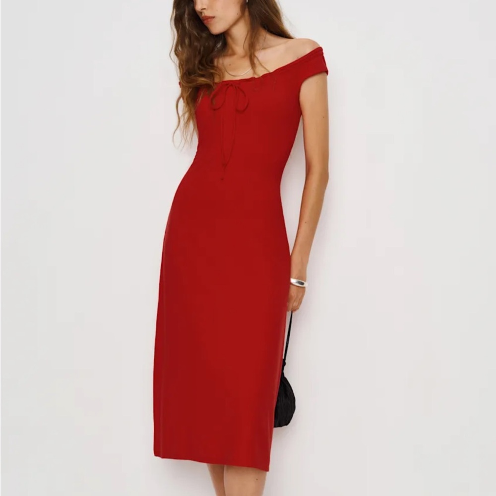 Reformation Red Off-Shoulder Midi Dress